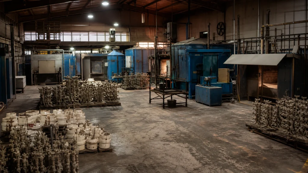 Investment casting foundry floor, shell building through finishing