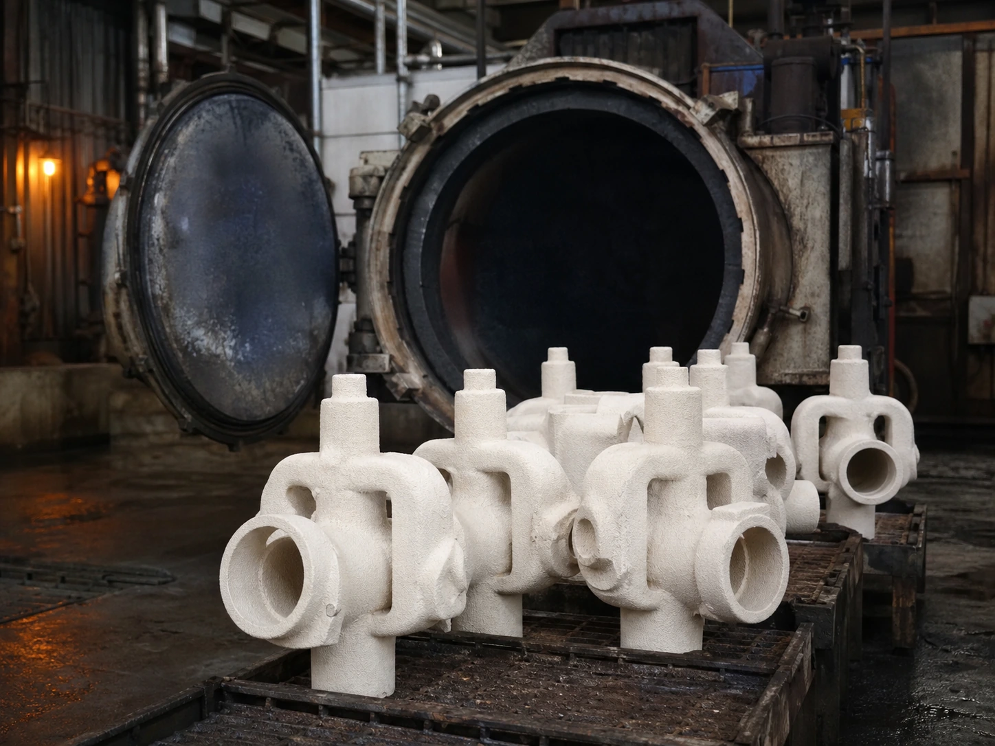 Ceramic shells being dewaxed in a steam autoclave