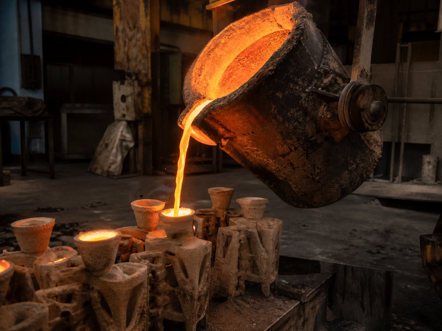 Molten steel being poured into a preheated ceramic shell